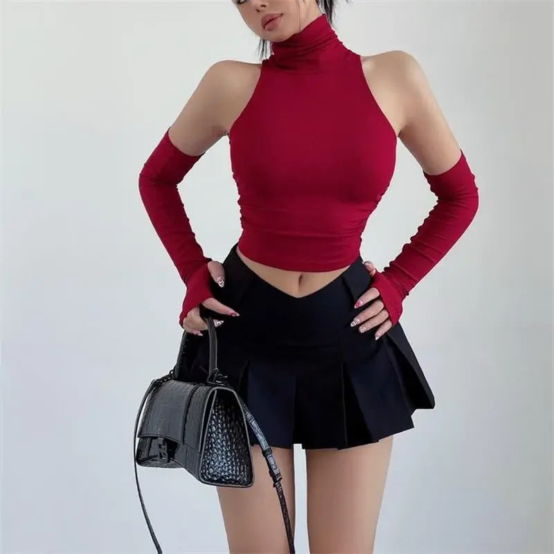Dame Langermet Crop-Top med høy krage og figurnær passform Skjora
