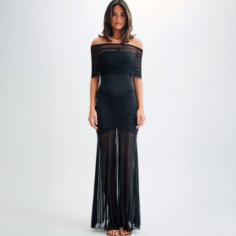 Damer Elegant Maxi-Kjole med skulderløs design og rysjer Skjora