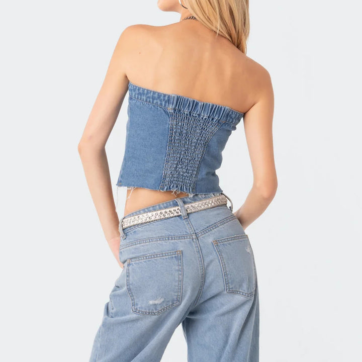 Dame Denim Crop Top med strikket overtrukket Skjora