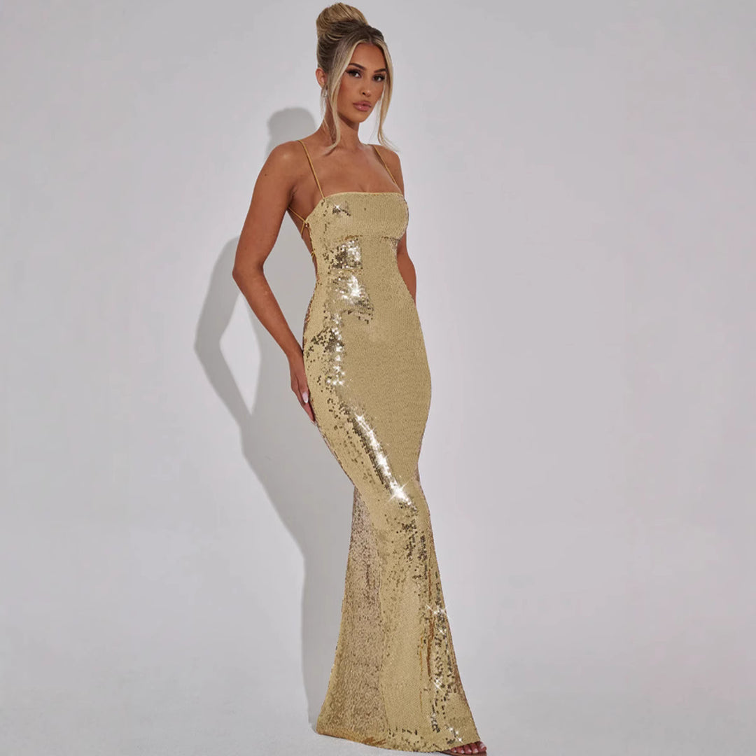 Kvinnes Glamorous Paljett Maxi Kjole med Slim Fit og Spaghetti Stropper