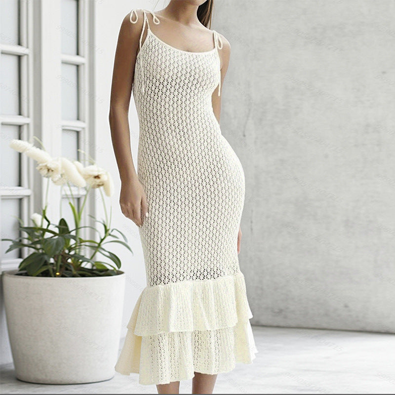 Damen Häkel-Maxikleid mit Volant und verstellbaren Trägern Skjora