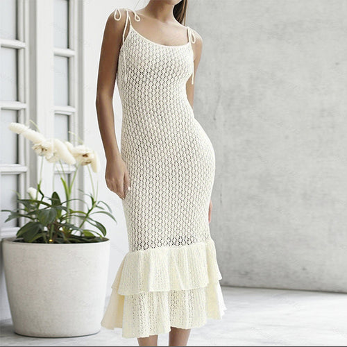 Damen Häkel-Maxikleid mit Volant und verstellbaren Trägern Skjora