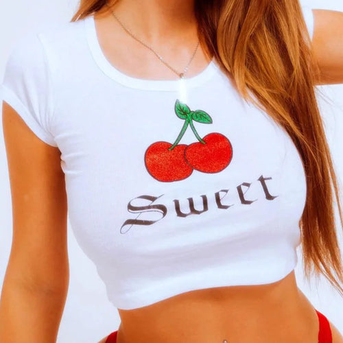 Dame cropped T-skjorte med glitrende kirsebærdesign Skjora