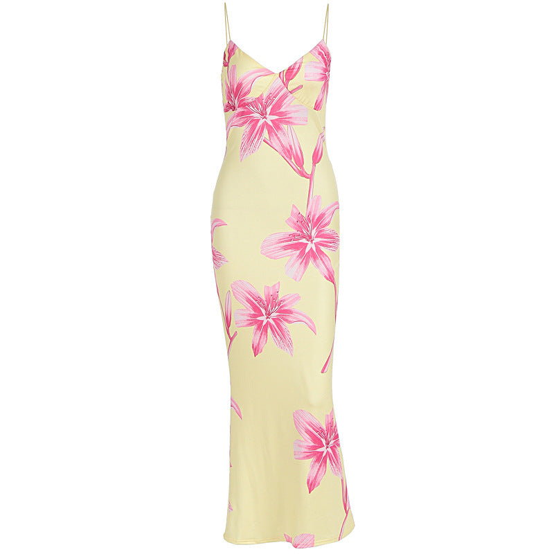 Damen Elegant Blomster maxikjole med fine spaghetti stropper og figurtilpasset snitt Skjora