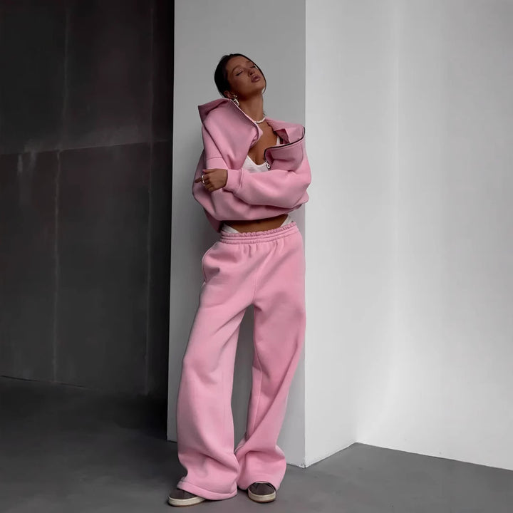 Kvinne's casual oversized jakke med full glidelås og brede bukser Skjora