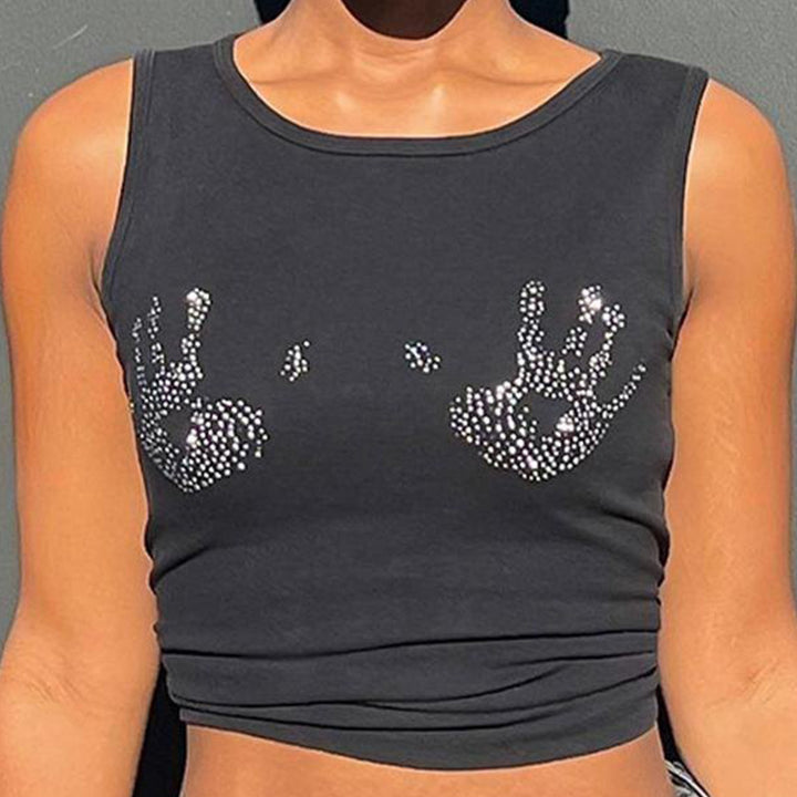 Women's Cropped Tank Top with Glitter Hand Motif Skjora