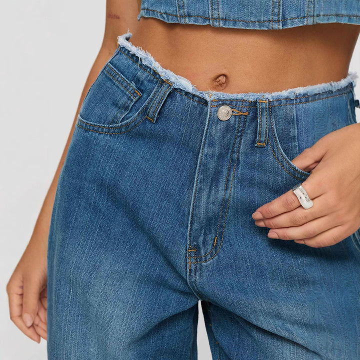 Damer vide denimjeans med høy midje og franse nederkant Skjora
