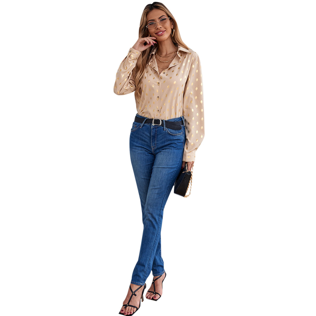 Dame elegant bluse med delikat metallisk trykk og glitrende finish Skjora