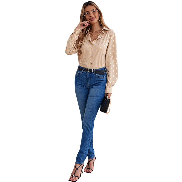 Dame elegant bluse med delikat metallisk trykk og glitrende finish Skjora