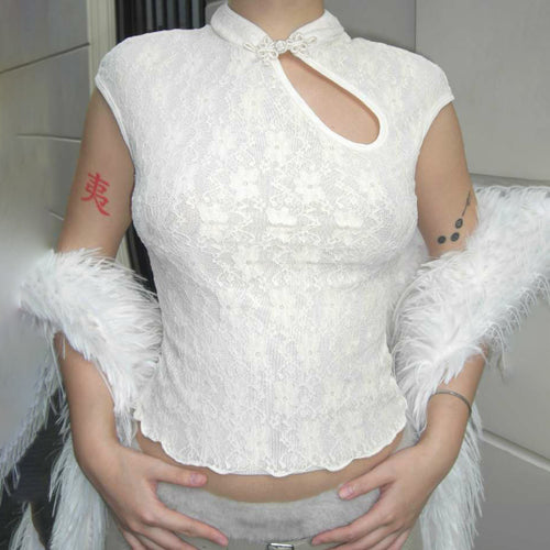 Dame Crop-Top med blomsterdesign i blonde og raffinert halterneck Skjorte