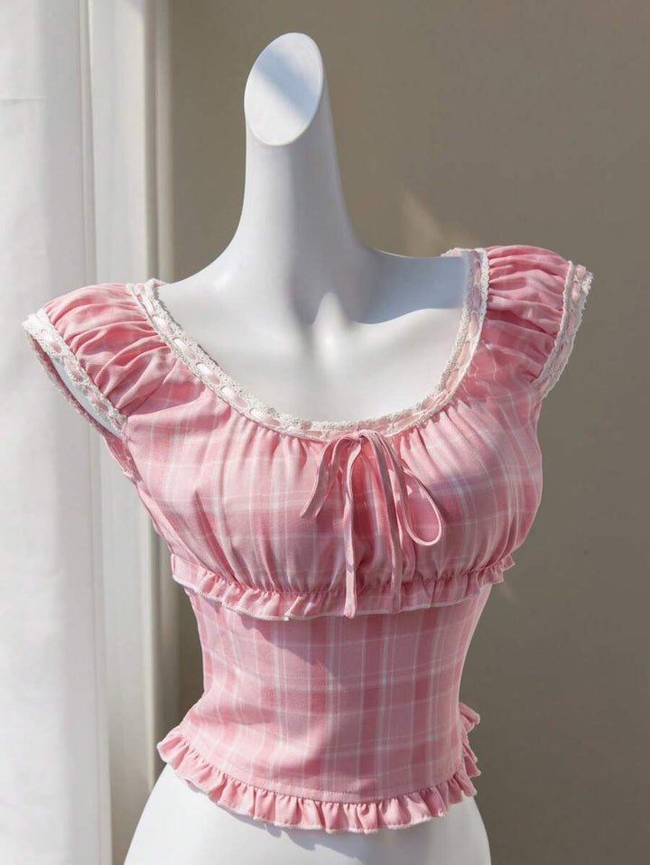 Dame lekenrutet Crop Top med volanger og snor Skjora