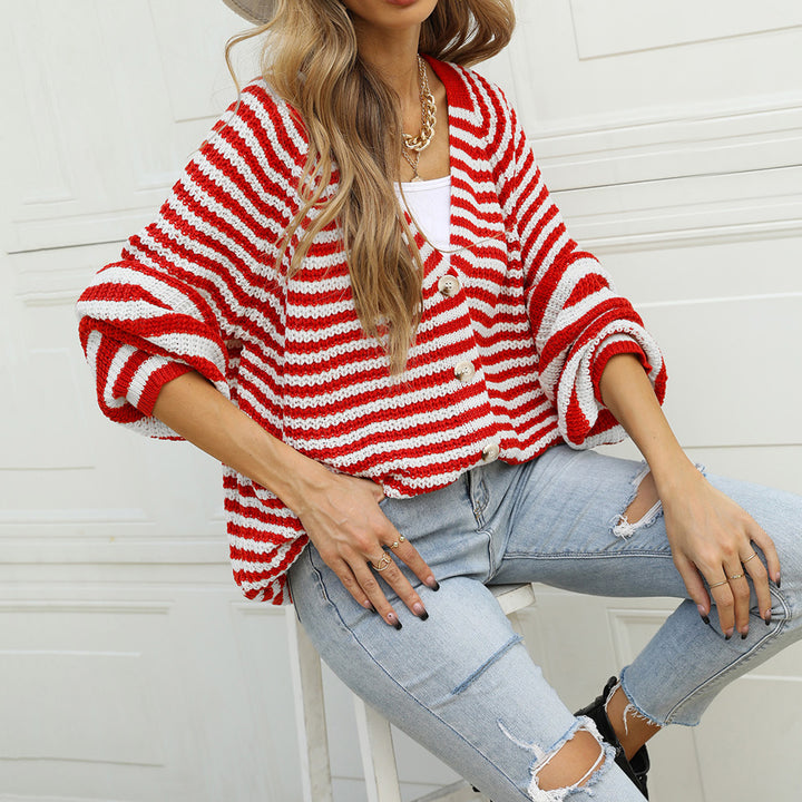 Dame casual cardigan med bred stripe mønster og knapp detalj Skjora