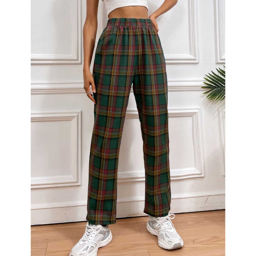 Kvinne casual rutete bukser med elastisk liv og slim fit Skjora