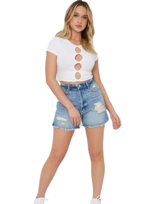 Dame uformelle denimshorts med høyt liv og fransete kant Skjora