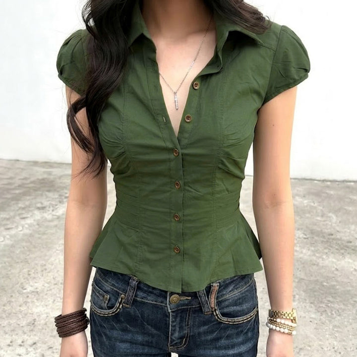 Dame bluse skjorte med elegante puffermene Skjora