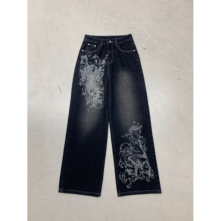 Damer Bred Denim-bukser med iøynefallende grafisk trykk Skjora