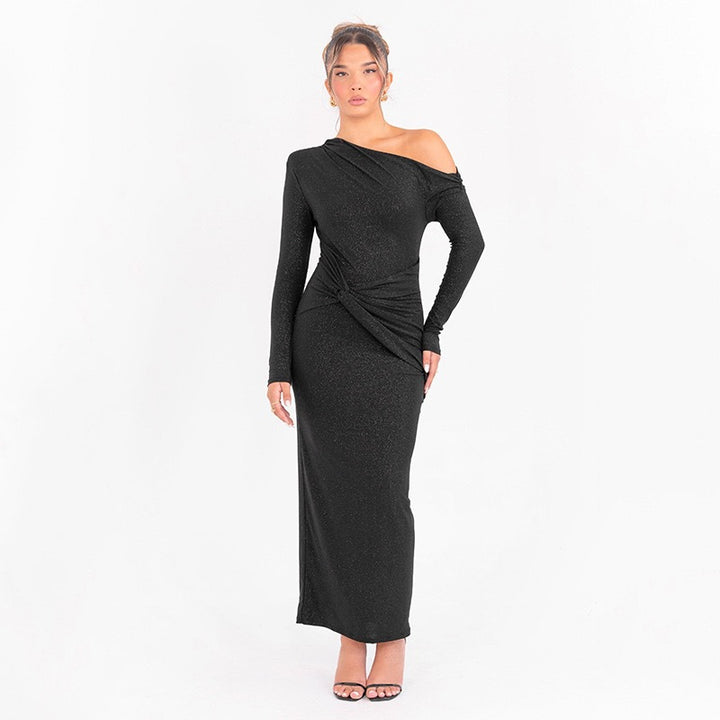 Damer Elegant Innviknings-Maxi-Kjole med asymmetrisk snitt og lange ermer Skjora