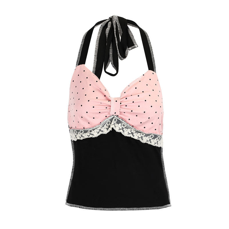 Dame halter top med romantisk spissdetalj og elegant polka prikk mønster Skjora