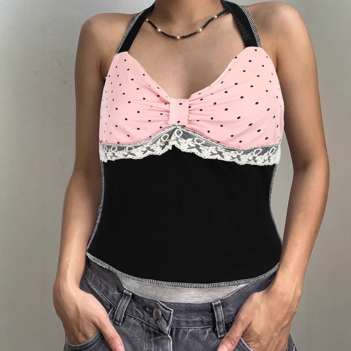 Dame halter top med romantisk spissdetalj og elegant polka prikk mønster Skjora