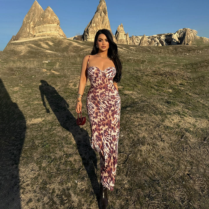 Dame Lang Leopardprint-Maxi-Kjole med stroppeløst design og tettsittende snitt Skjora