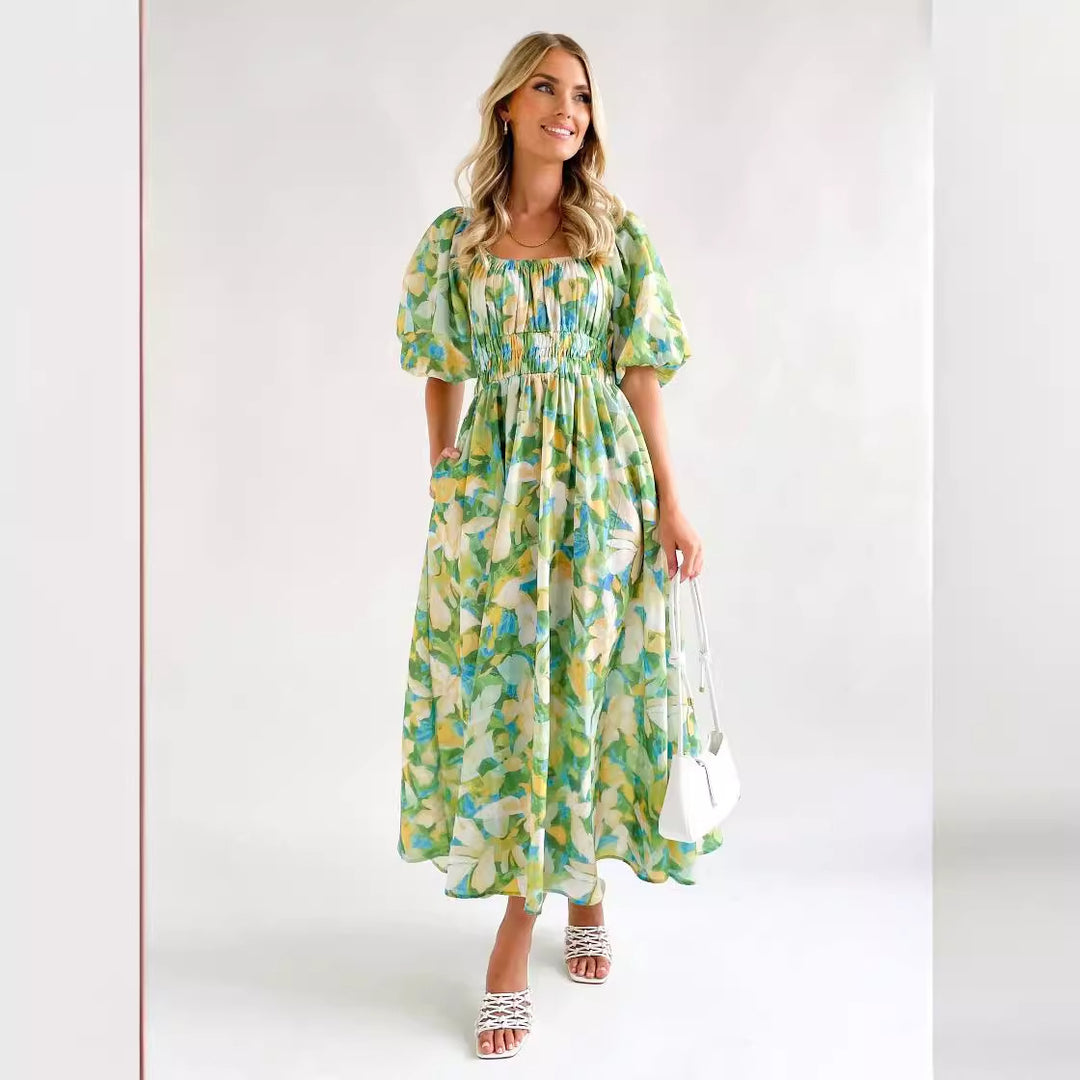 Kvinnenes Off-Shoulder Maxi Kjole med Blomster Mønster og Elastisk Midje Skjora