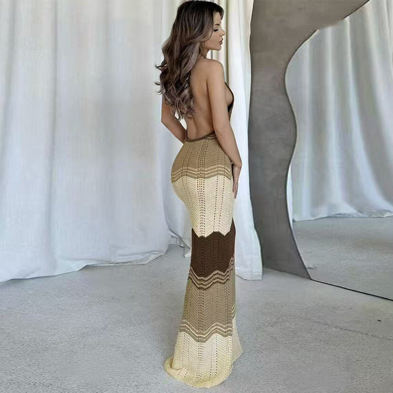 Damen Häkel-Maxikleid mit exklusivem Muster und elegantem Kragen Skjora
