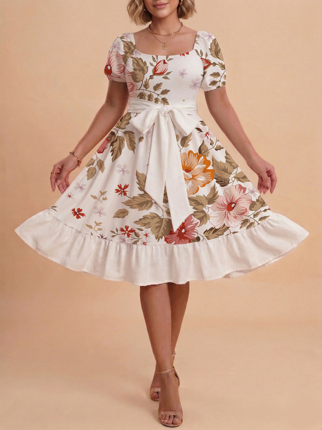 Damen Sommerliches Blumenkleid mit taillierbarem Gürtel und voluminösen Ärmeln Skjora