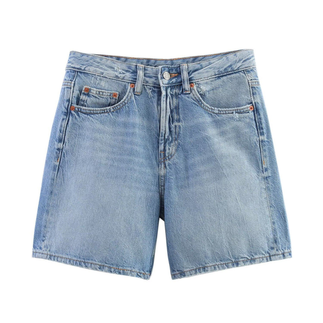 Dame denim shorts i avslappet snitt med høy midje og praktiske lommer Skjora