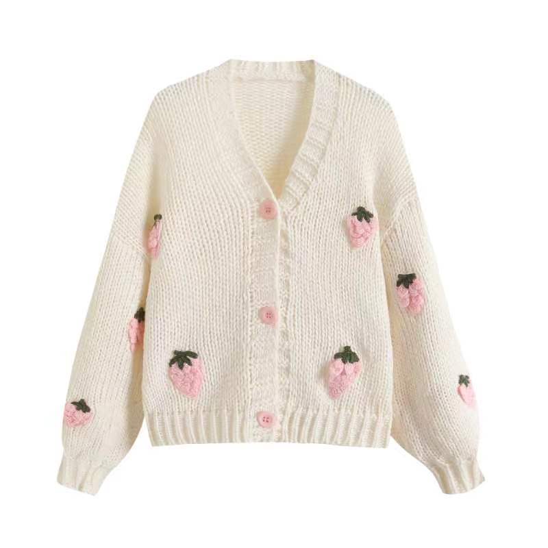 Kvinne cardigan med fruktige appliquéer og moderne knappedetaljer Skjora