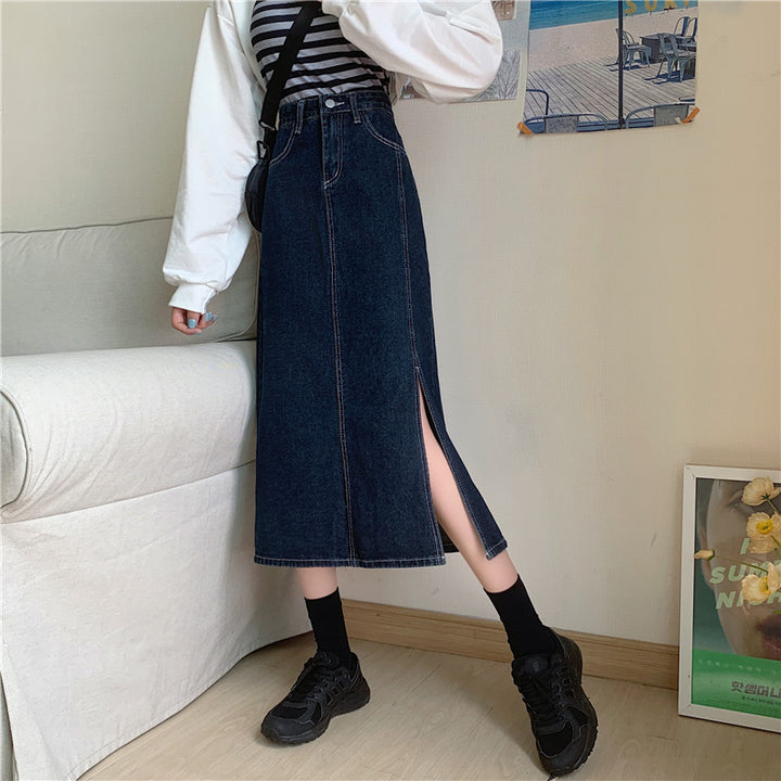 Dame lang denim skjørt med sidedeling Skjora