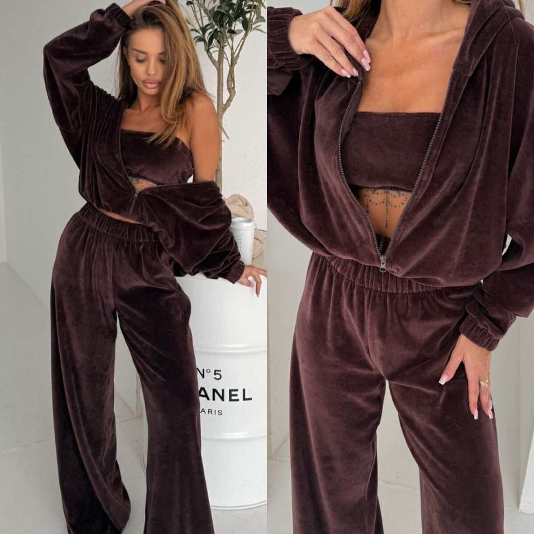 Damer Elegant Fleece Loungewear Set med Løs Topp og Komfortable Bukser Skjora