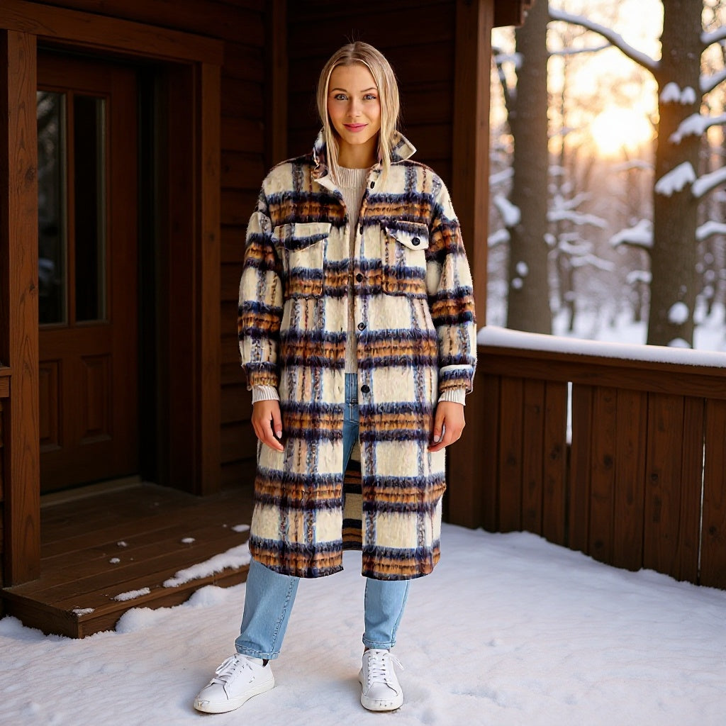 Women's fashionable oversized checkered wool coat Skjora