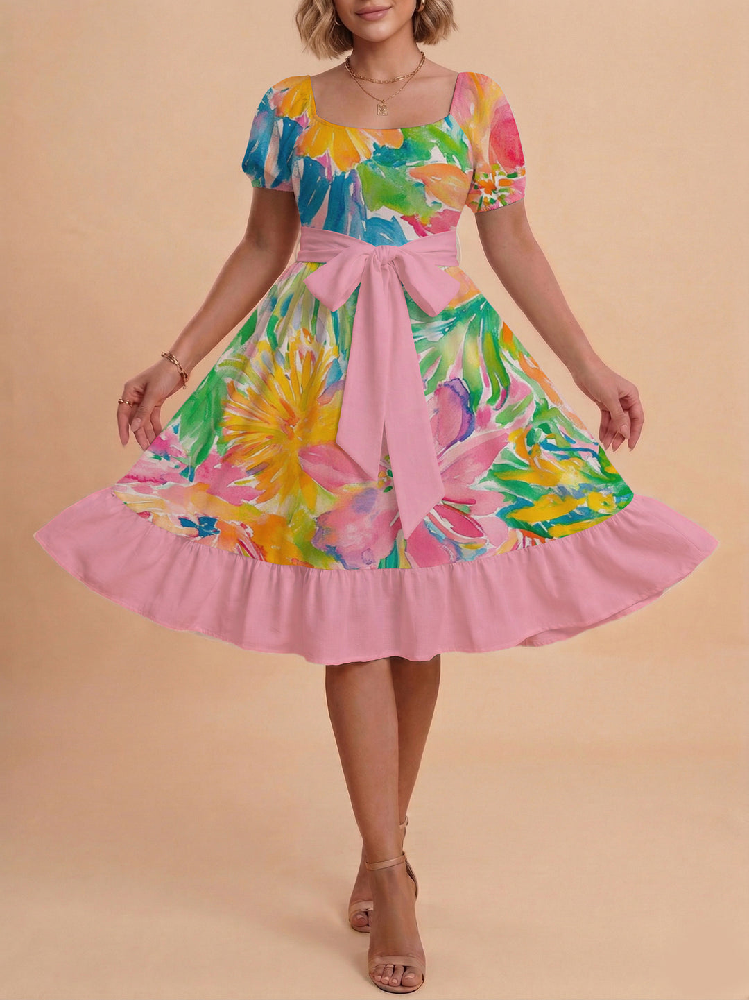 Damen Sommerkleid mit floralem Puffärmel und taillierbarem Gürtel Skjora
