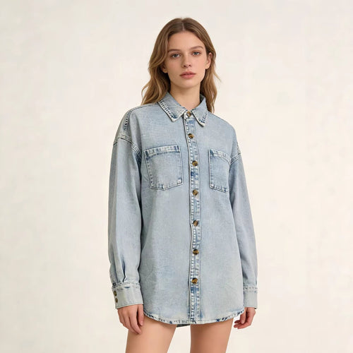 Dame Oversized Denim-skjorte med påsydde lommer Skjora