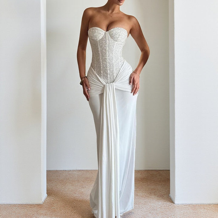 Damer stilig Maxikjole med elegant Bustier-overdel og rynket skjørt Skjora