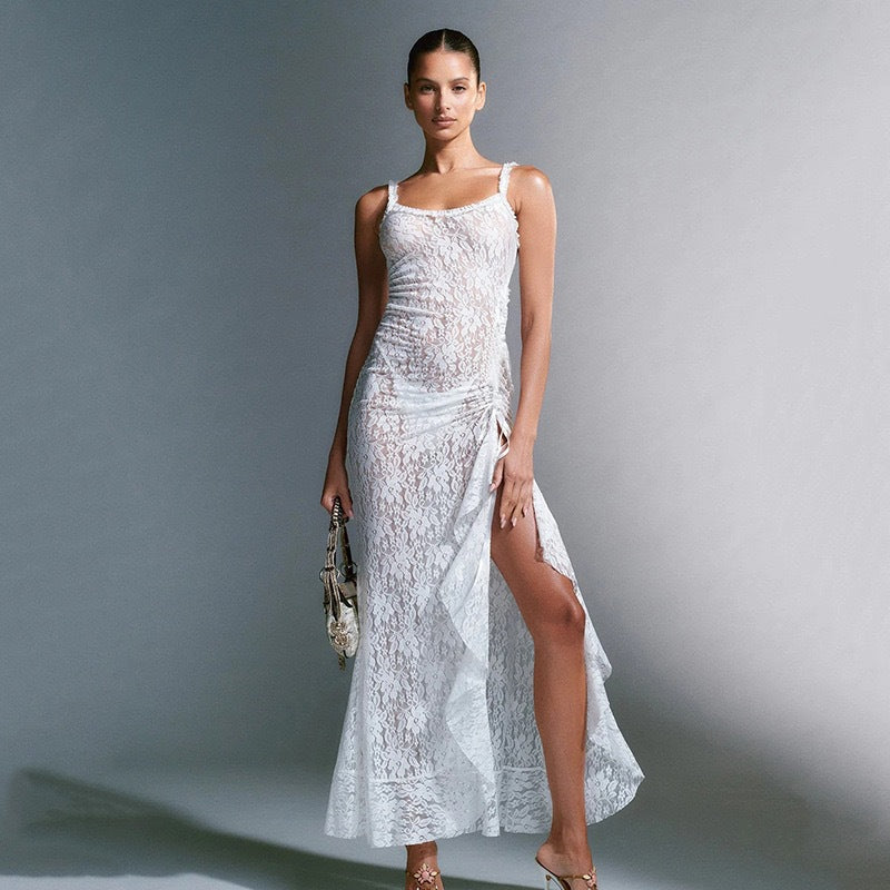 Damer Elegant Spets Maxi Kjole med Sideslag og Rynket Design Skjora