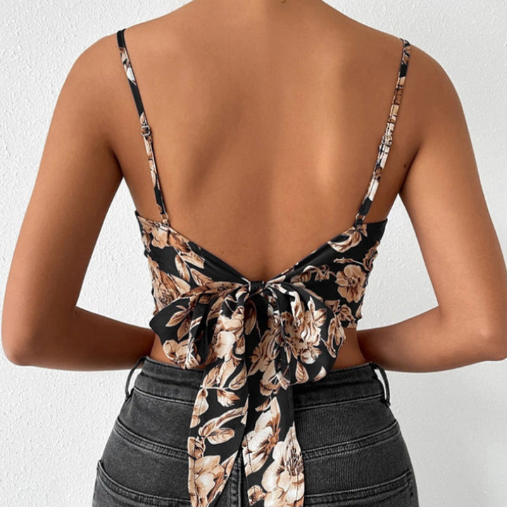 Dame blomstermønster crop-top med forførende V-hals Skjora