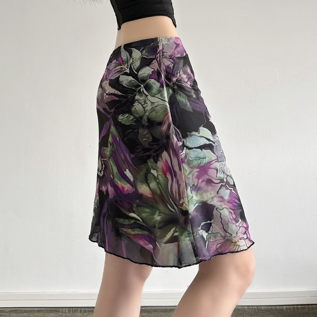 Dame blomsterprint midiskjørt med elastisk liv og svingende fald Skjora