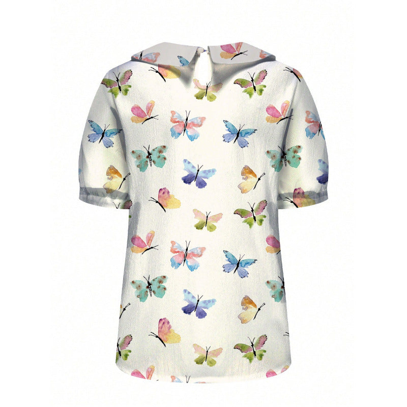 Dame kortermet bluse med florale accenter og klassisk krage Skjora