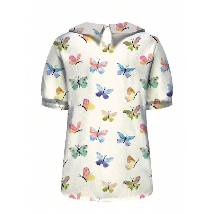 Dame kortermet bluse med florale accenter og klassisk krage Skjora