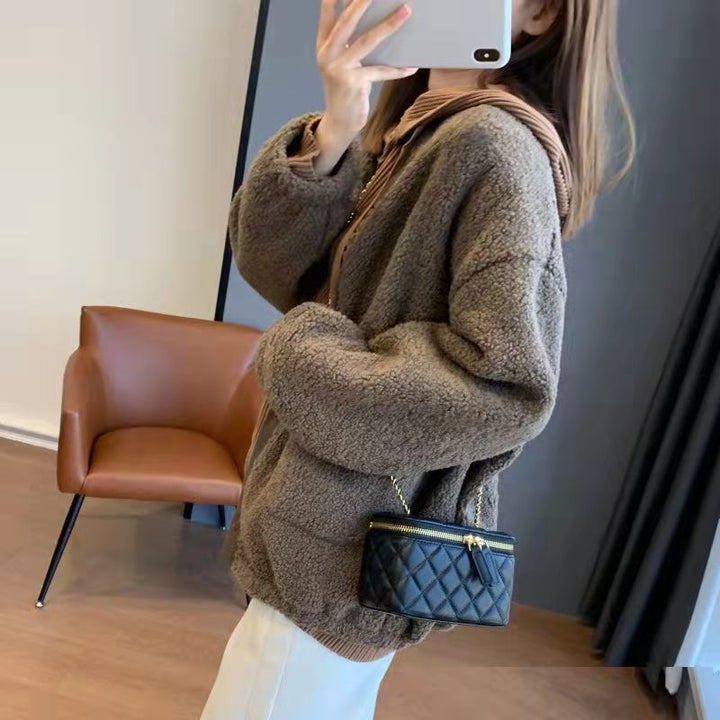 Kvinne Fluffy Oversized Jakke med Store Lommer