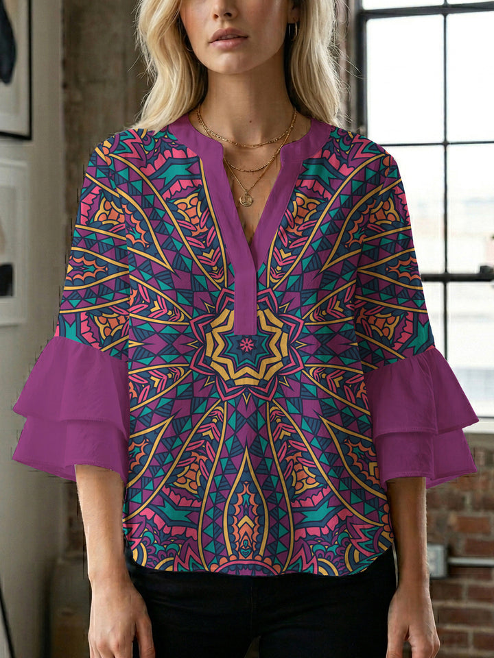Damer elegant bluse skjorte med voluminøse rysjermer og grafisk blomsterdesign Skjora