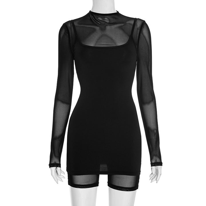 Ladies body-hugging long-sleeved overall with transparent sleeves and figure-shaping cut Skjora