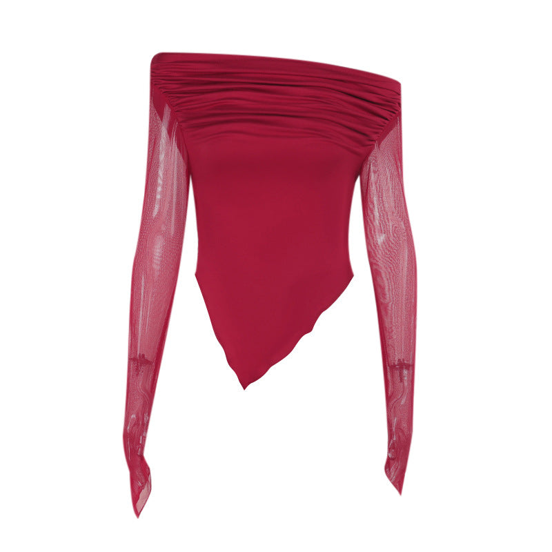 Women's elegant wrap shirt with off-the-shoulder design and transparent sleeves Skjora