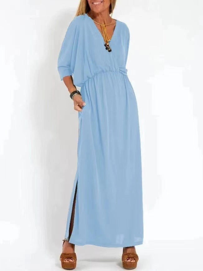 Kvinne elegant maxi kjole med sidesplit og fleksibel midje Skjora