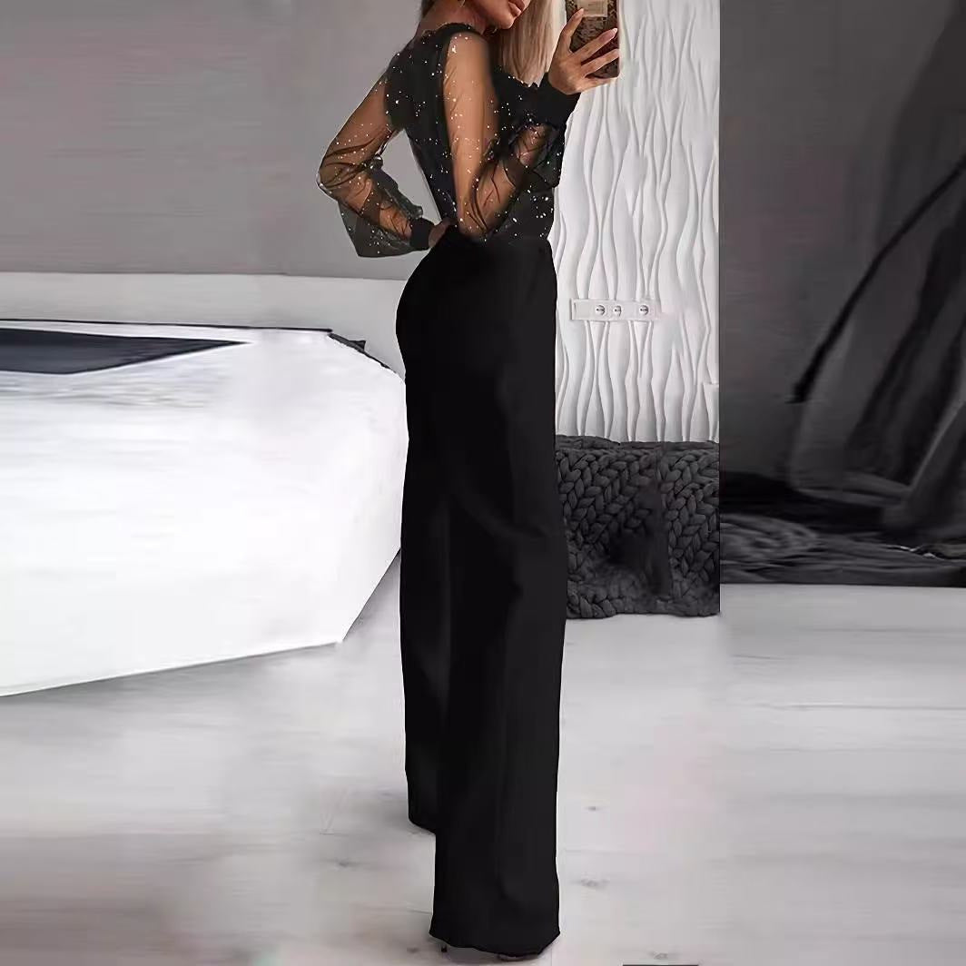 Damer Elegant Jumpsuit med gjennomsiktige ermer og gnistrende detaljer Skjora