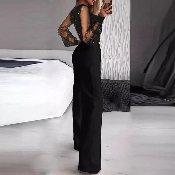 Damer Elegant Jumpsuit med gjennomsiktige ermer og gnistrende detaljer Skjora