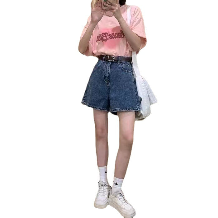 Kvinne denim shorts med høye lommer og løs passform