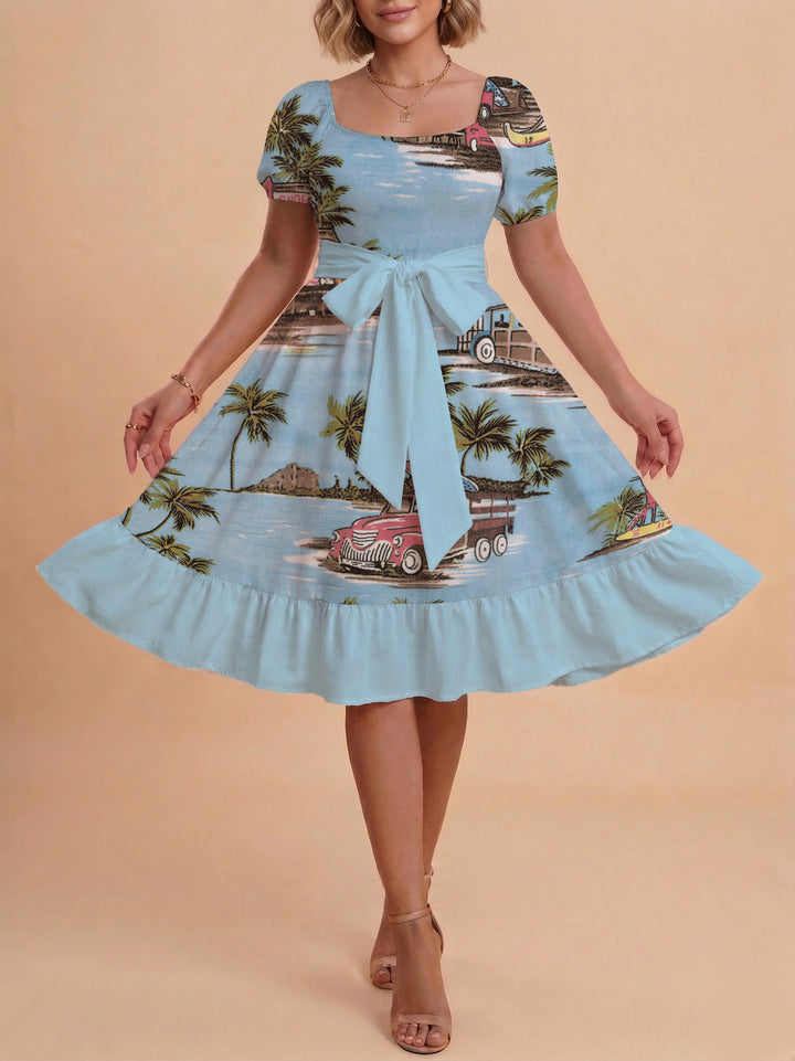Damen schickes Glitzerkleid mit tailliertem Schnitt und Rüschensaum Skjora