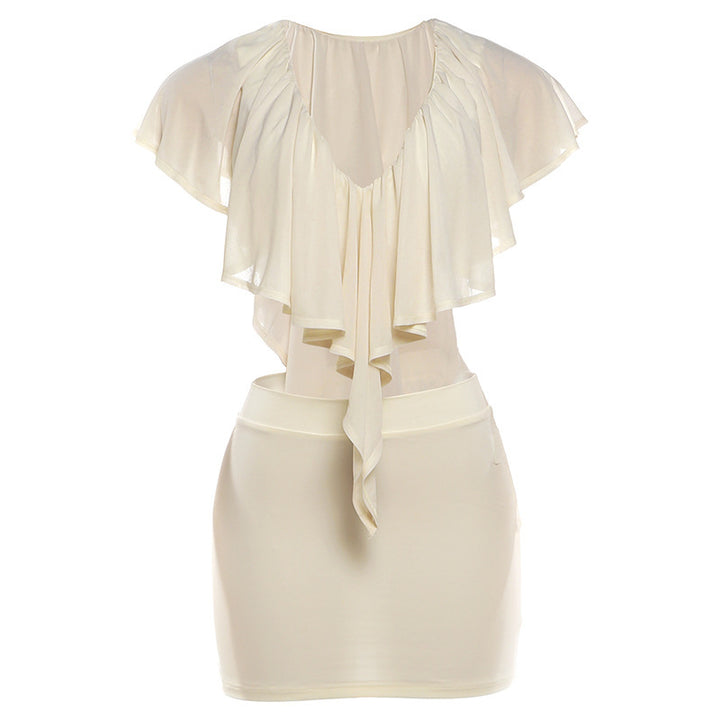 Dame elegant bluse med voluminøse flæsedetaljer og stilig ryggutskjæring Skjora